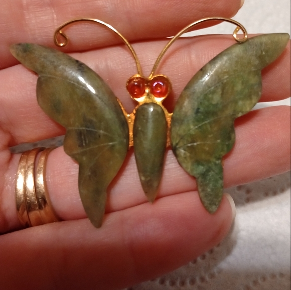 Vintage Jewelry - Vintage 70s Nephrite Jade Butterfly Brooch Pin EUC